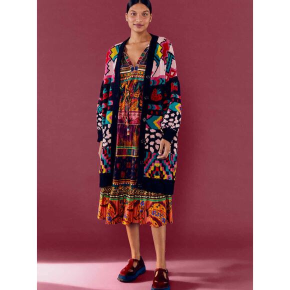 Farm Rio Crazy Mix Strawberry Colorful Fuzzy Long Cardigan Sweater Size XS - Picture 2 of 7